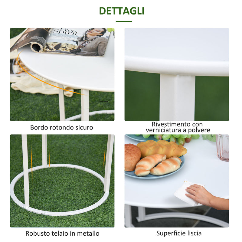 Set 2 Tavoli da Giardino Sovrapponibili Ø70 cm e Ø50 cm in Ferro Bianco