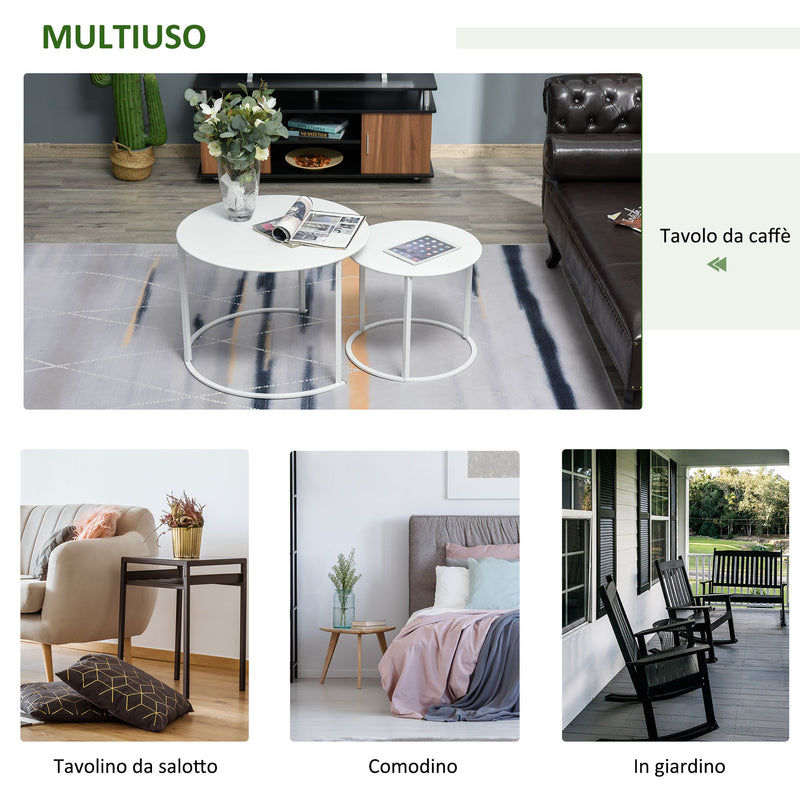 Set 2 Tavoli da Giardino Sovrapponibili Ø70 cm e Ø50 cm in Ferro Bianco