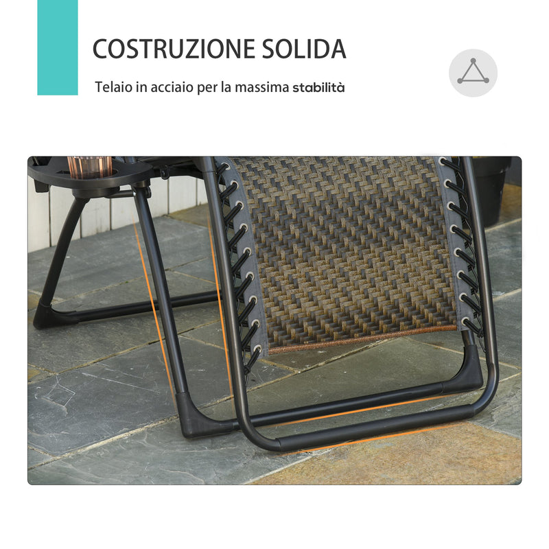 Sedia Sdraio Zero Gravity Reclinabile Pieghevole con Vassoio in Rattan e Acciaio Grigia