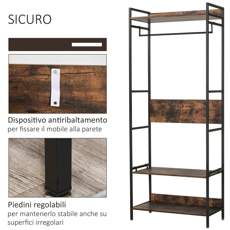 Appendiabiti Scarpiera per Ingresso 80x40x200 cm con Mensole in Metallo e Legno Marrone