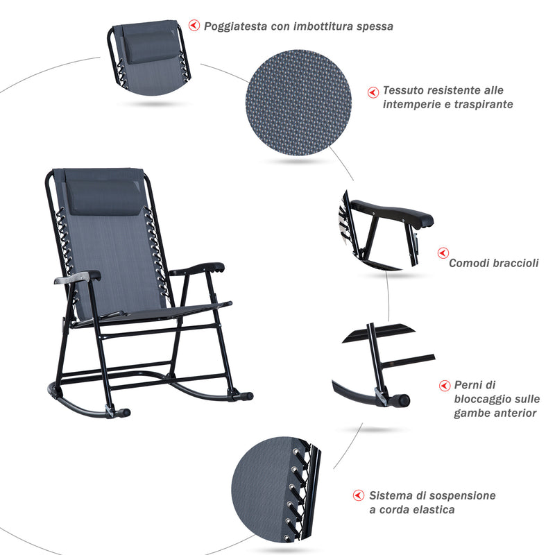 Set Tavolino e 2 Sedie Pieghevoli a Dondolo in Acciaio e Tessuto a Rete Grigio