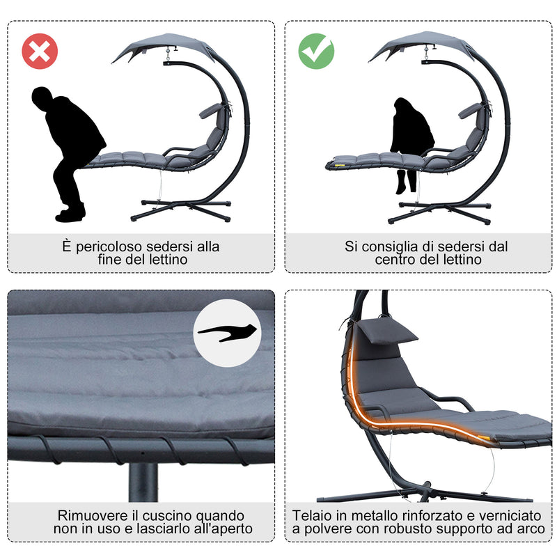 Sedia Dondolo Pensile Relax Chaise Longue con Tettuccio Grigio