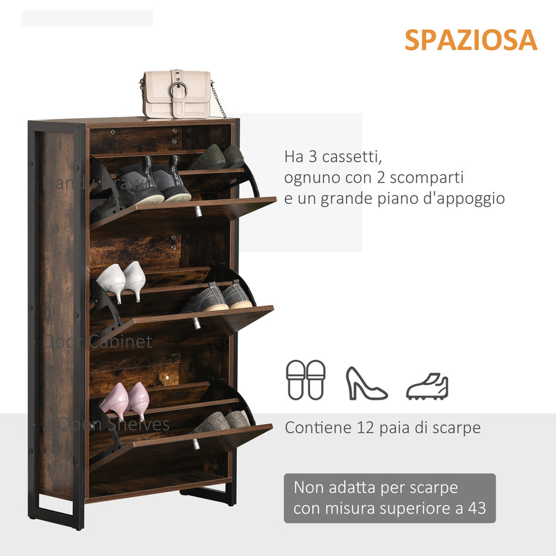 Scarpiera 3 Scomparti 60x24x115 cm 12 Paia in Legno e Metallo Marrone