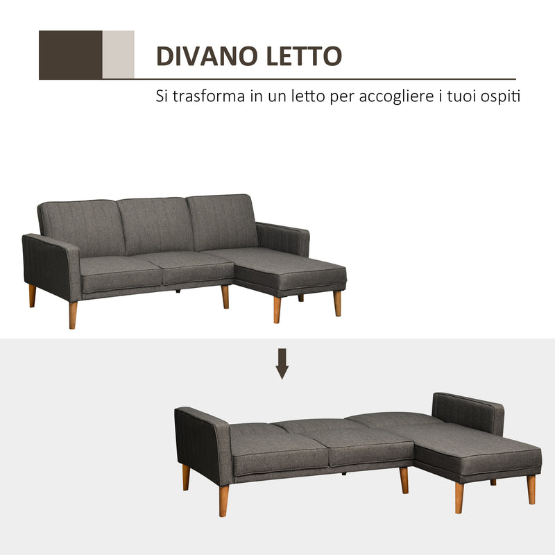 Divano Letto Angolare 216x139x80 cm con Penisola in Legno e Tessuto Grigio
