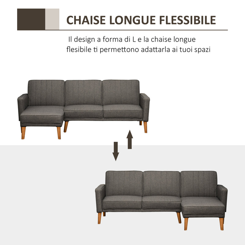 Divano Letto Angolare 216x139x80 cm con Penisola in Legno e Tessuto Grigio