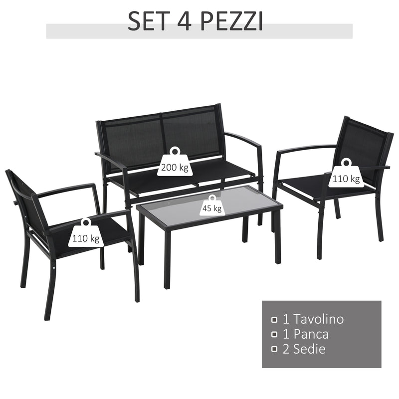 Set Salotto da Giardino Divano 2 Poltrone e Tavolino in Metallo e Tessuto Nero