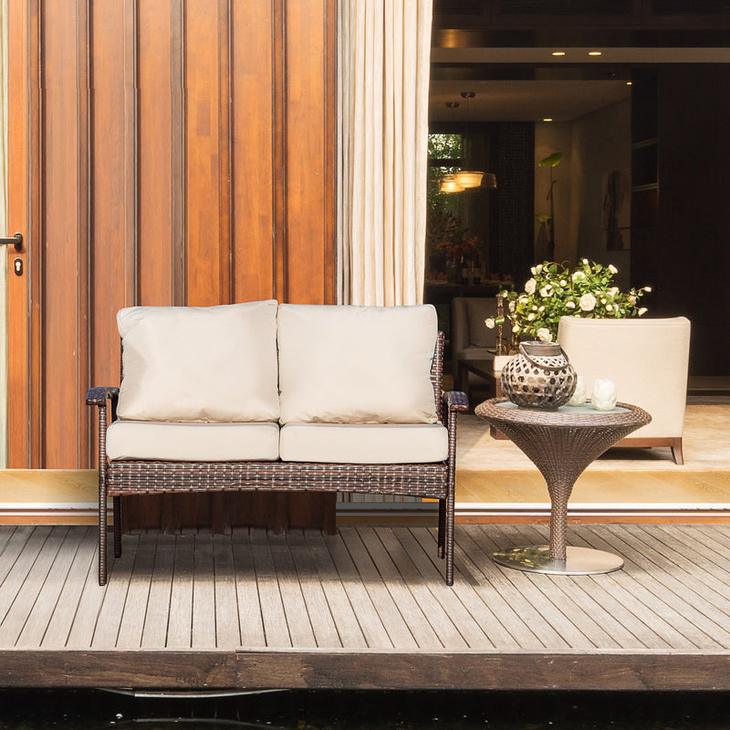 Divano 2 Posti da Giardino 120x63x77 cm in Rattan con Cuscini Marrone e Cachi