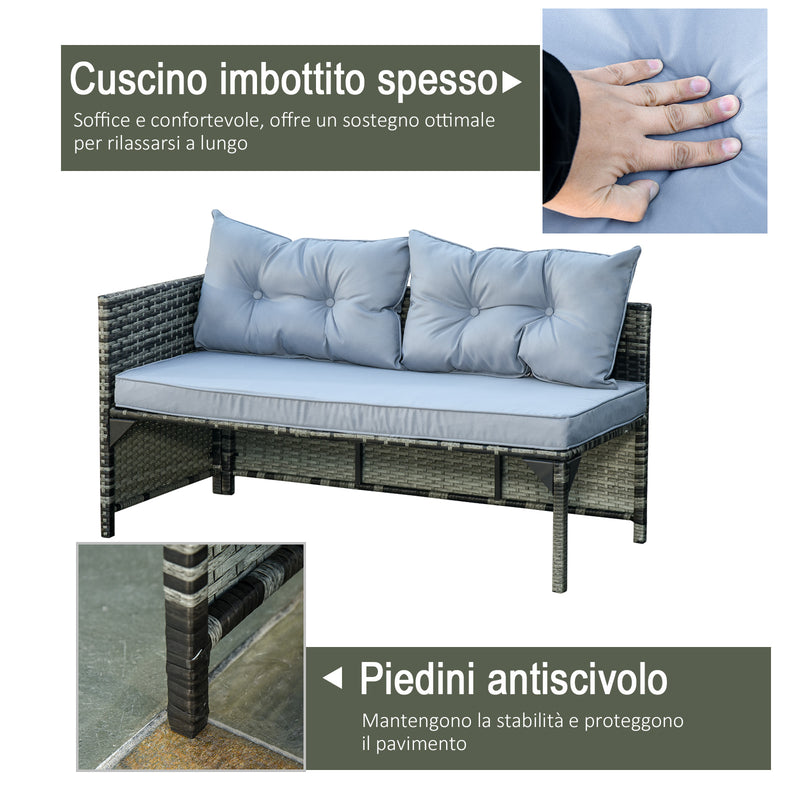 Set Salotto da Giardino Divano con Penisola e Tavolino in Rattan Grigio