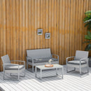 Set Salotto da Giardino Divano 2 Poltrone e Tavolino in Metallo e Rattan Grigio