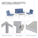 Set Salotto da Giardino Divano 2 Poltrone e Tavolino in Metallo Bianco e Blu
