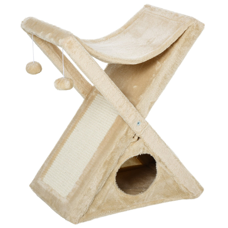 Tiragraffi per Gatti Pieghevole 54,5x32x65 cm con Casetta in Peluche Giallo