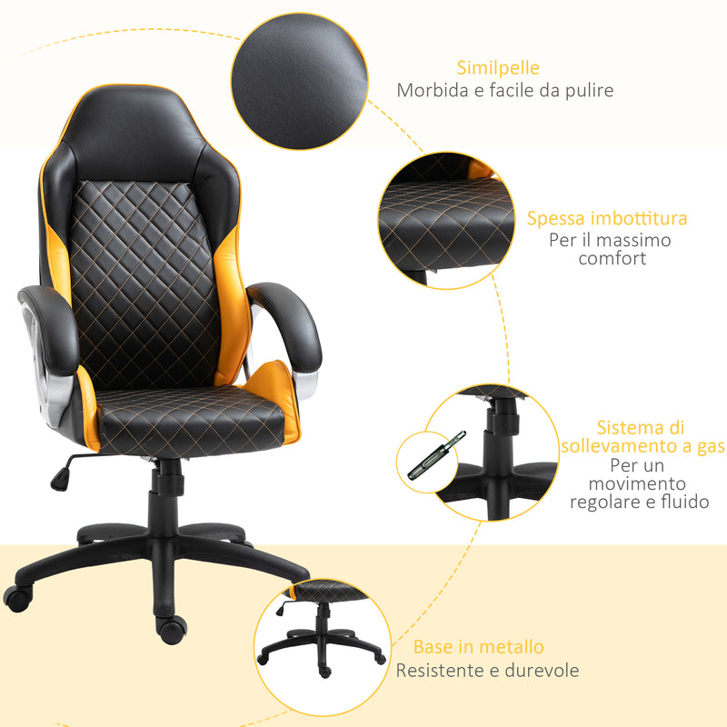 Sedia da Gaming Girevole Reclinabile in Similpelle Nero e Arancione
