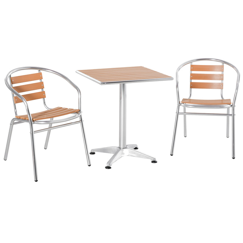 Set Tavolo e 2 Sedie da Giardino in Alluminio Effetto Legno