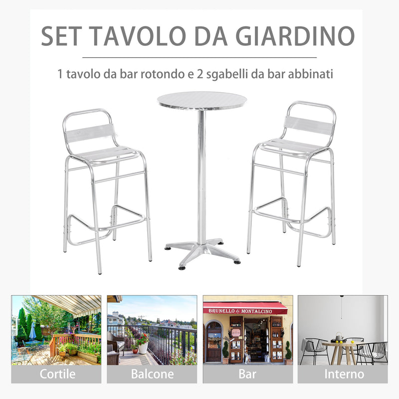 Set Tavolino Alto e 2 Sgabelli da Giardino in Alluminio e Acciaio