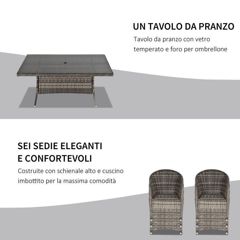 Set Tavolo e 6 Sedie da Giardino in Rattan con Cuscini Grigio