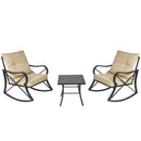 Set Tavolino e 2 Sedie a Dondolo da Giardino con Cuscini in Acciaio Marrone