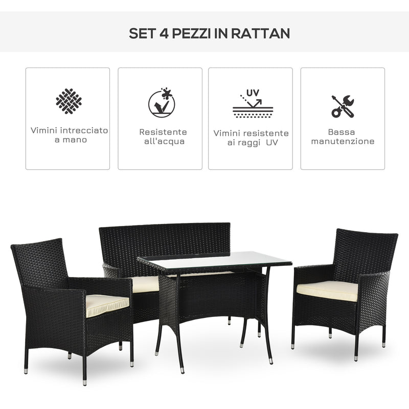 Set da Giardino Divano 2 Poltrone e Tavolo in Rattan Nero