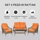 Set da Giardino Divano 2 Poltrone  e Tavolino in Rattan con Cuscini Arancione