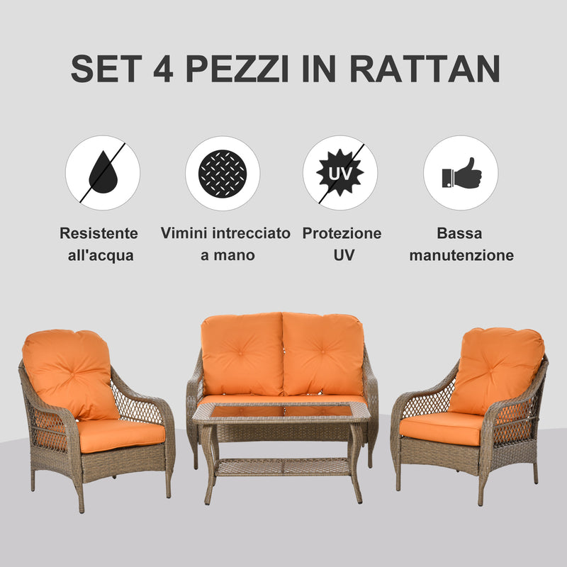 Set da Giardino Divano 2 Poltrone  e Tavolino in Rattan con Cuscini Arancione