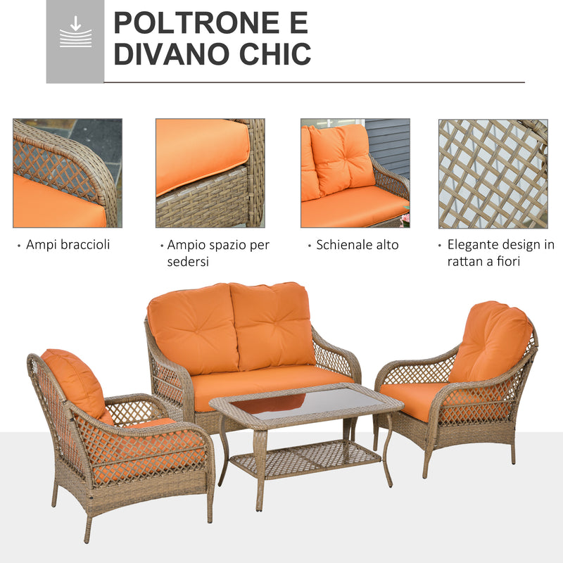 Set da Giardino Divano 2 Poltrone  e Tavolino in Rattan con Cuscini Arancione