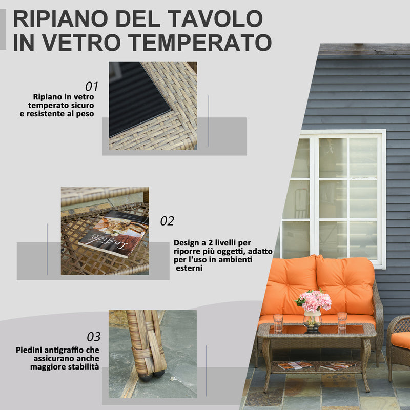 Set da Giardino Divano 2 Poltrone  e Tavolino in Rattan con Cuscini Arancione