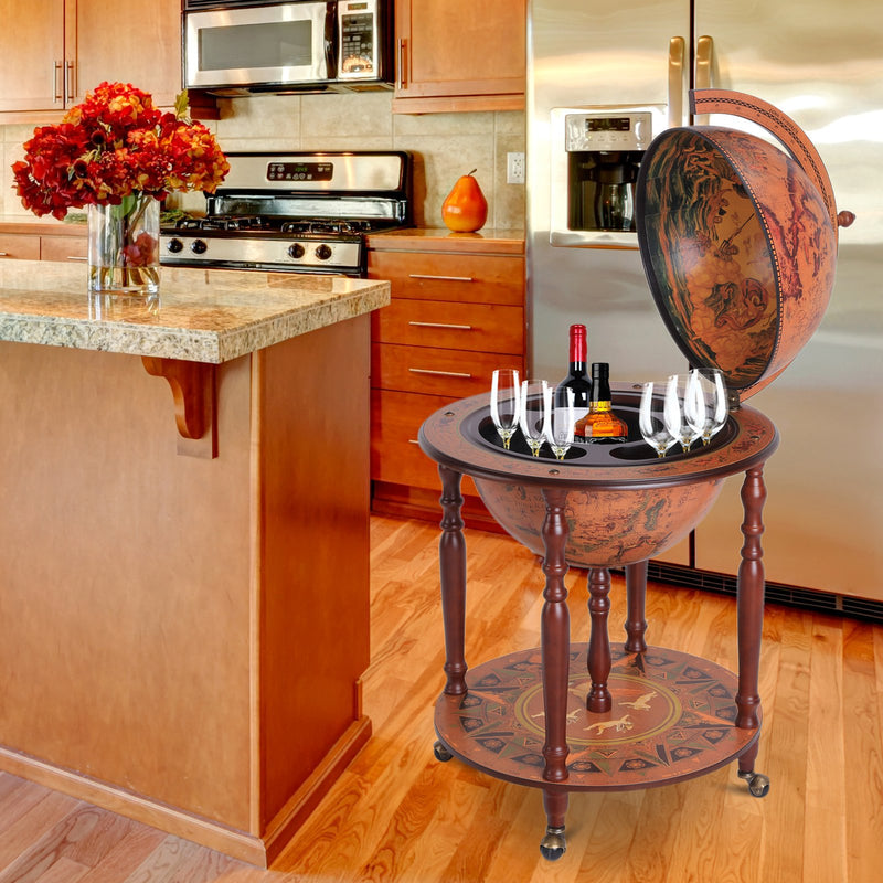 Portabottiglie Bar a Forma di Mappamondo Ø61x93 cm in Legno con Ruote