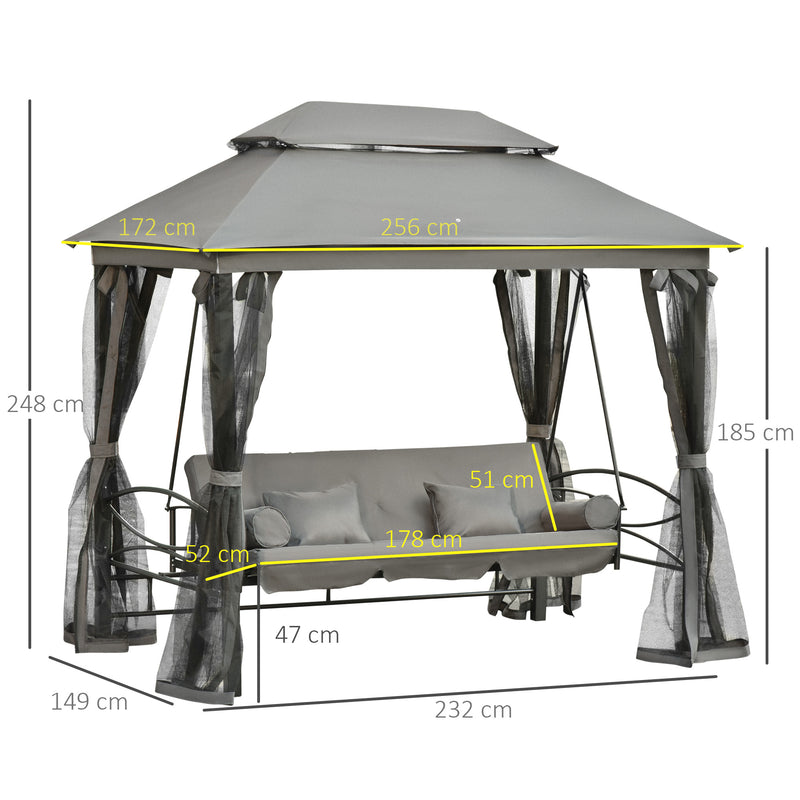 Dondolo Letto 3 Posti con Gazebo da Giardino 256x172x248 cm con Zanzariera e Cuscini Grigio