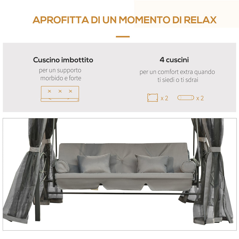 Dondolo Letto 3 Posti con Gazebo da Giardino 256x172x248 cm con Zanzariera e Cuscini Grigio