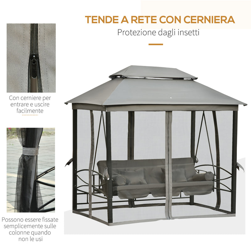 Dondolo Letto 3 Posti con Gazebo da Giardino 256x172x248 cm con Zanzariera e Cuscini Grigio