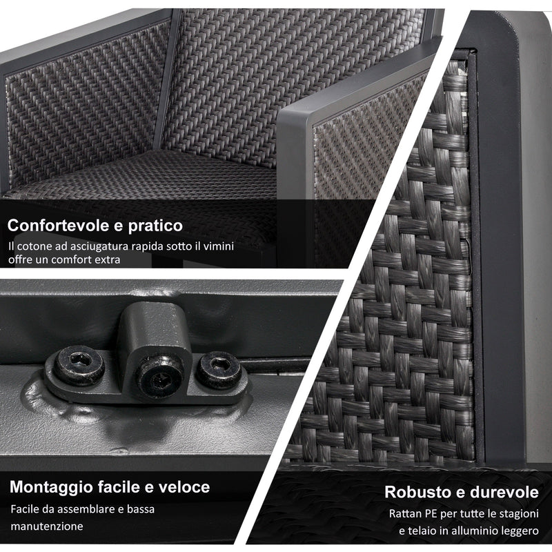 Set Salotto da Giardino Divano 2 Poltrone e Tavolino in Rattan Grigio