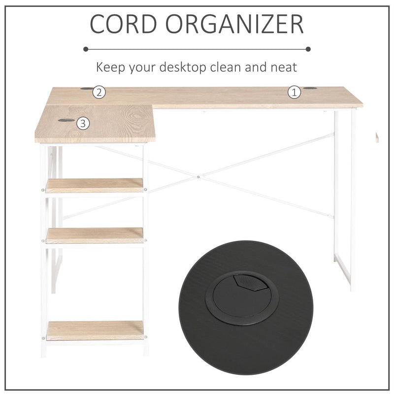 Scrivania Angolare da Ufficio 150x120x74 cm con 3 Mensole in Metallo e MDF Legno e Bianco