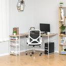 Scrivania Angolare da Ufficio 150x120x74 cm con 3 Mensole in Metallo e MDF Legno e Bianco