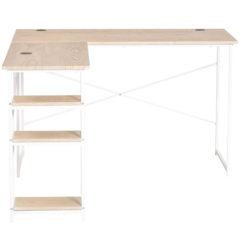 Scrivania Angolare da Ufficio 150x120x74 cm con 3 Mensole in Metallo e MDF Legno e Bianco