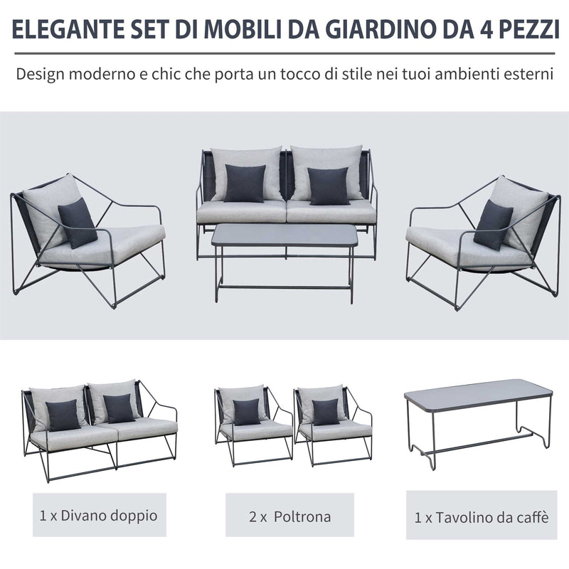 Set Salotto da Giardino Divano 2 Poltrone e Tavolino in Metallo e Textilene Grigio