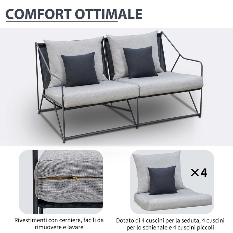 Set Salotto da Giardino Divano 2 Poltrone e Tavolino in Metallo e Textilene Grigio