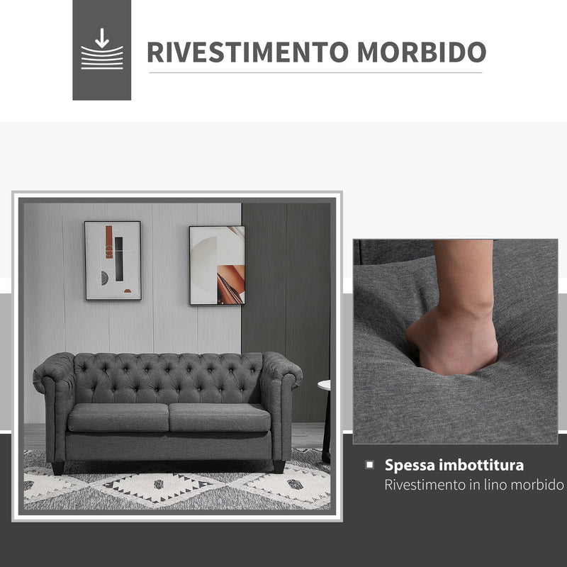 Divano 2 Posti 185x81x78 cm in Tessuto Effetto Lino Grigio