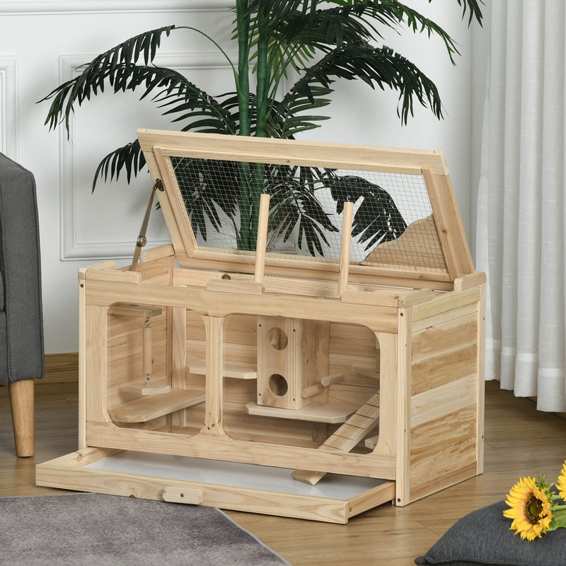Gabbia per Roditori e Criceti 78x40x44 cm con Tetto Apribile in Legno Naturale