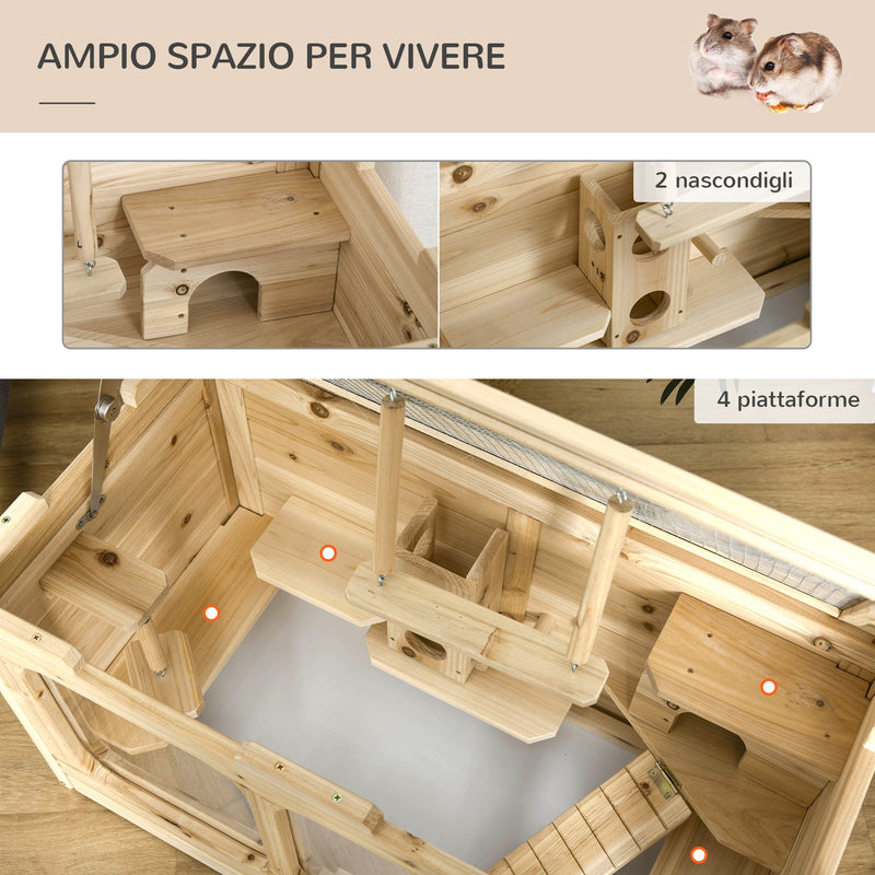 Gabbia per Roditori e Criceti 78x40x44 cm con Tetto Apribile in Legno Naturale