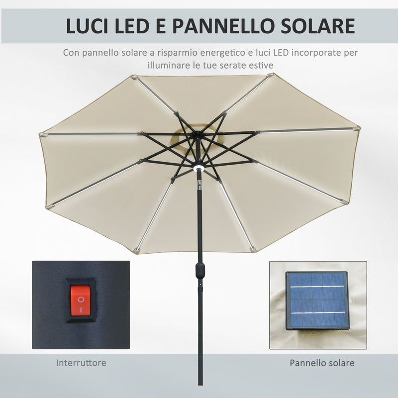 Ombrellone da Giardino con Luci LED a Pannello Solare Ø2,66m in Metallo e Poliestere Bianco Crema