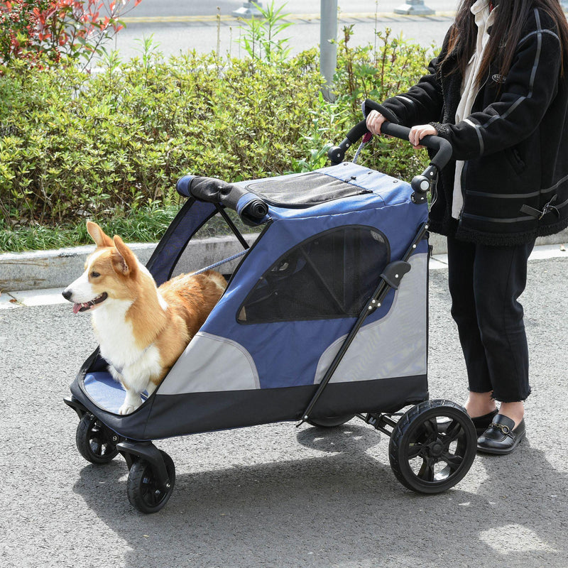 Passeggino per Cani Taglia Piccola Media 104,5x68,5x110 cm in Acciaio e Tessuto Oxford Grigio e Blu