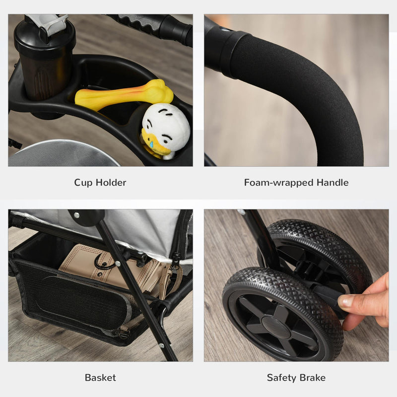 Passeggino per Cani Taglia Piccola 67x45x96 cm in Acciaio e Tessuto Oxford Grigio