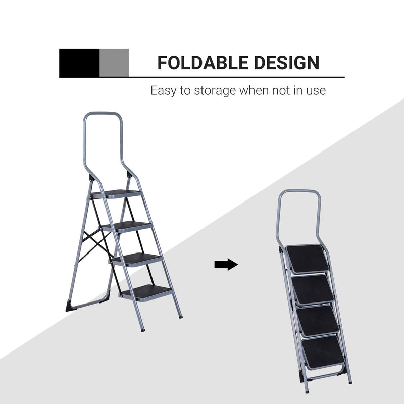 Scala Pieghevole Salvaspazio 4 Gradini 48x63x155 cm max 150kg in Metallo Argento e Nero