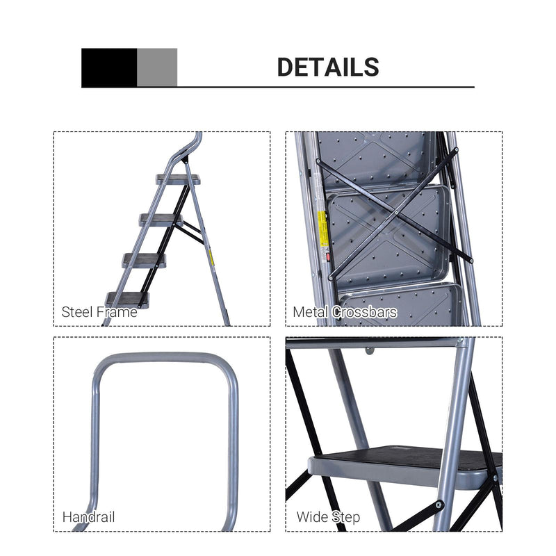 Scala Pieghevole Salvaspazio 4 Gradini 48x63x155 cm max 150kg in Metallo Argento e Nero