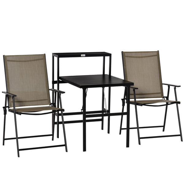 Ensemble de table avec étagère et 2 chaises de jardin pliantes en métal et textilène marron et noir online