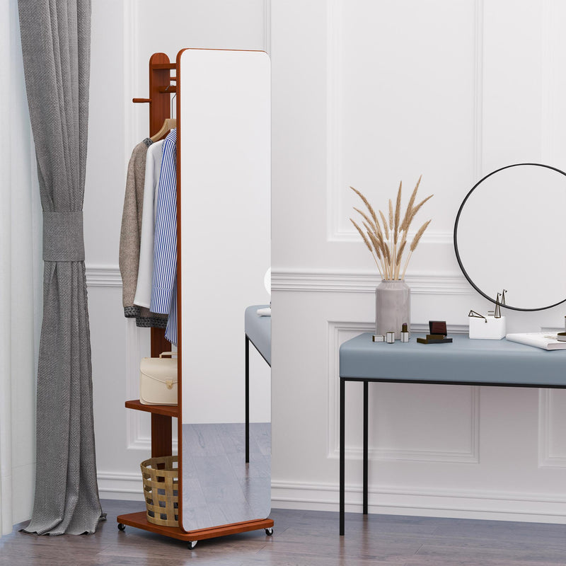 Specchio da Terra 40x44,5x170 cm con Appendiabiti Mensole e Ruote Noce