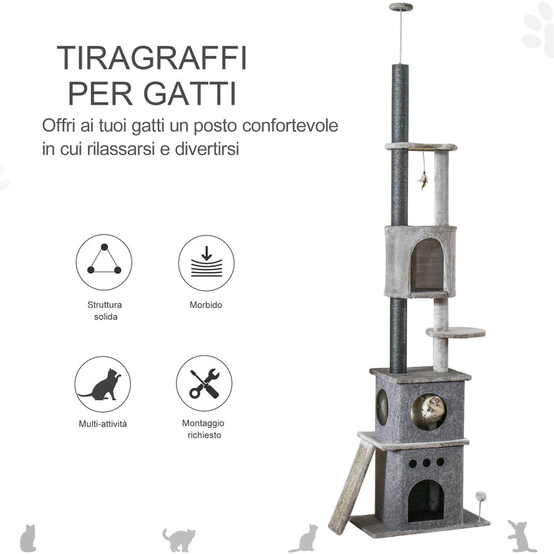 Albero Tiragraffi per Gatti 60x40x225-255 cm con Corde in Sisal Grigio