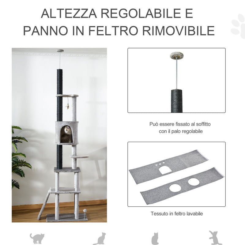 Albero Tiragraffi per Gatti 60x40x225-255 cm con Corde in Sisal Grigio