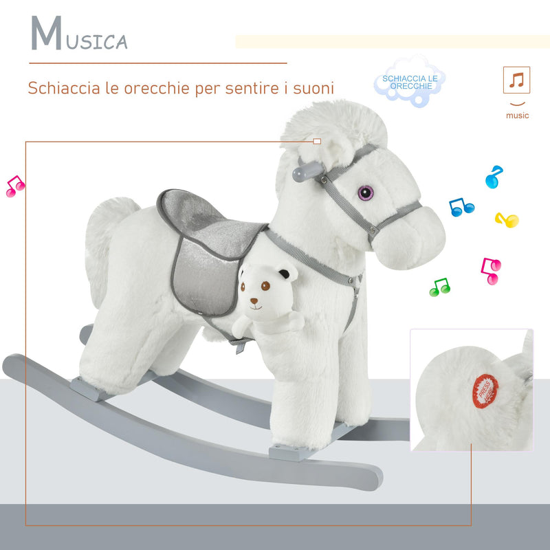 Cavallo a Dondolo in Peluche e Legno con Orsetto e Suoni Bianco