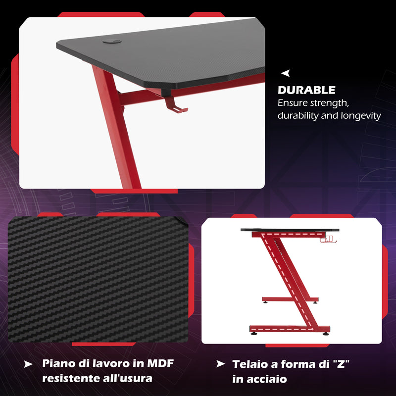 Scrivania Gaming 120x65x74,5 cm in Legno e Acciaio  Rosso e Nera