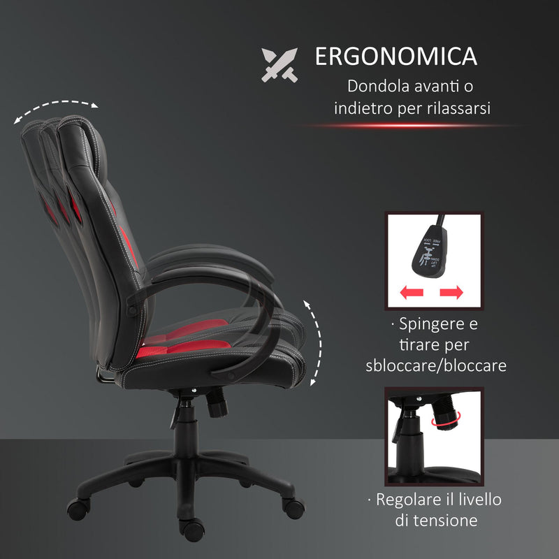 Sedia da Gaming Ergonomica in Similpelle Rosso e Nero